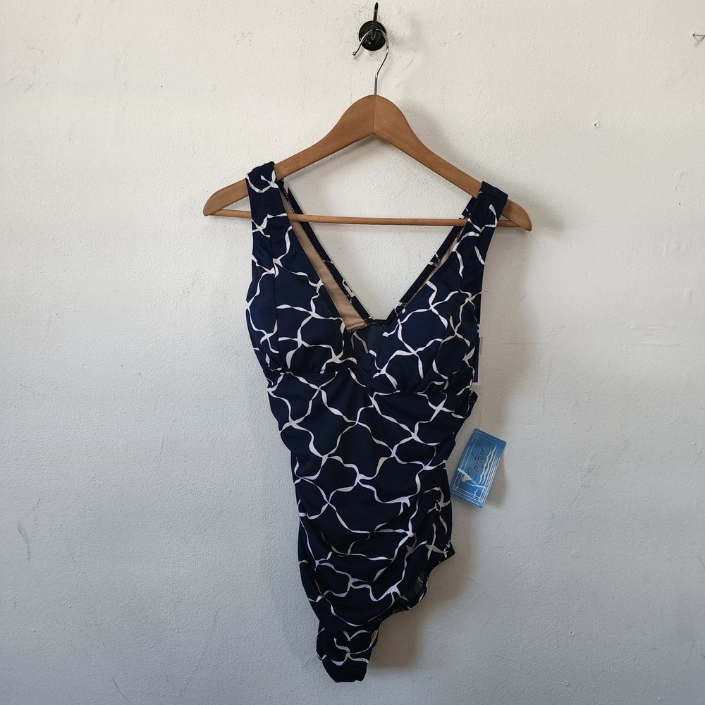 NWT Contour Blue White Swimsuit  Size 12 One Piece V Neck Padded